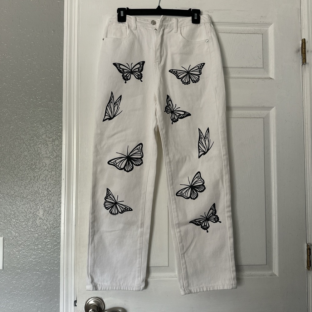 White Jeans with Black Butterfly Print